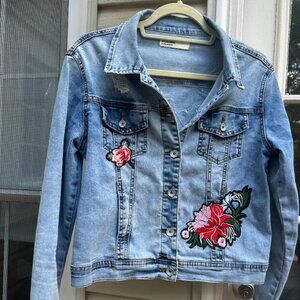 Ghiaccio & Limone Distressed Denim Floral Embroidered Button Up Jacket, Size M